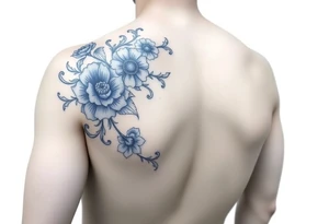 a half sleeve with porcelain blue style with ornate and floral decor with a detailed banded border at the wrist and elbow. tattoo idea