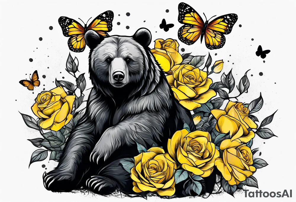 Bear under the tree of life with yellow roses and three butterflies for an upper arm tattoo. tattoo idea