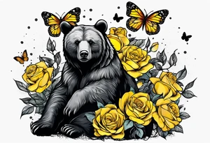 Bear under the tree of life with yellow roses and three butterflies for an upper arm tattoo. tattoo idea