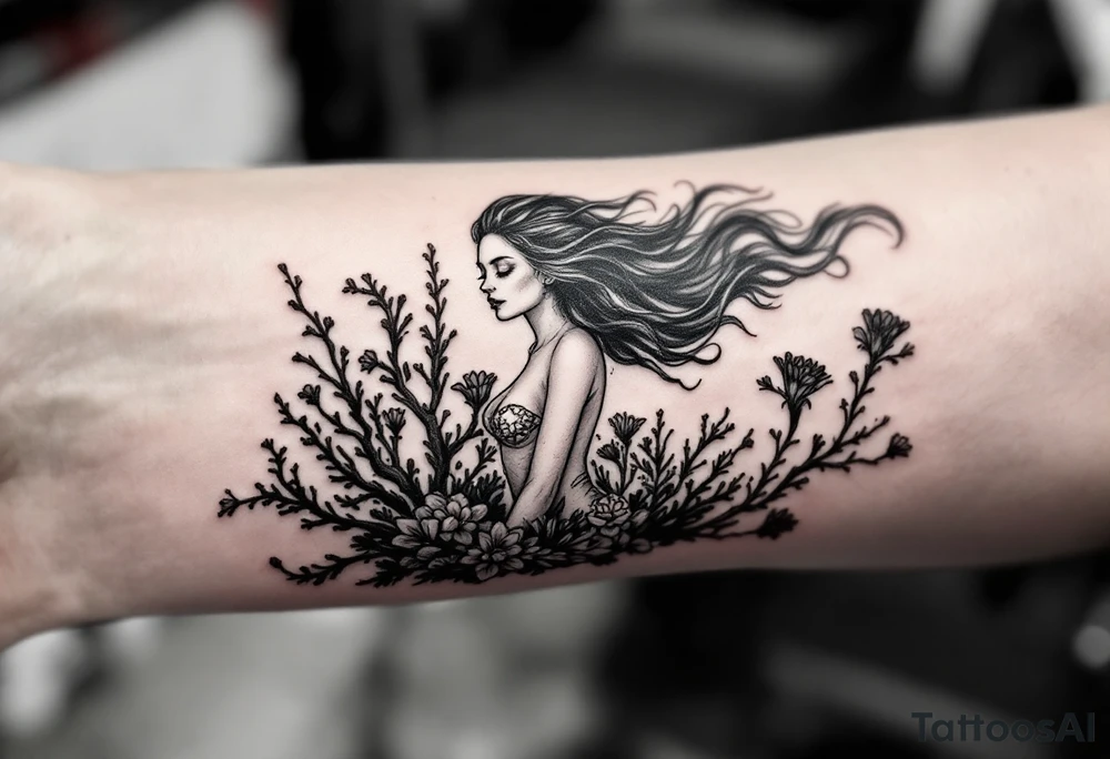 ethereal mermaid with flowing hair among coral and sea flowers tattoo idea