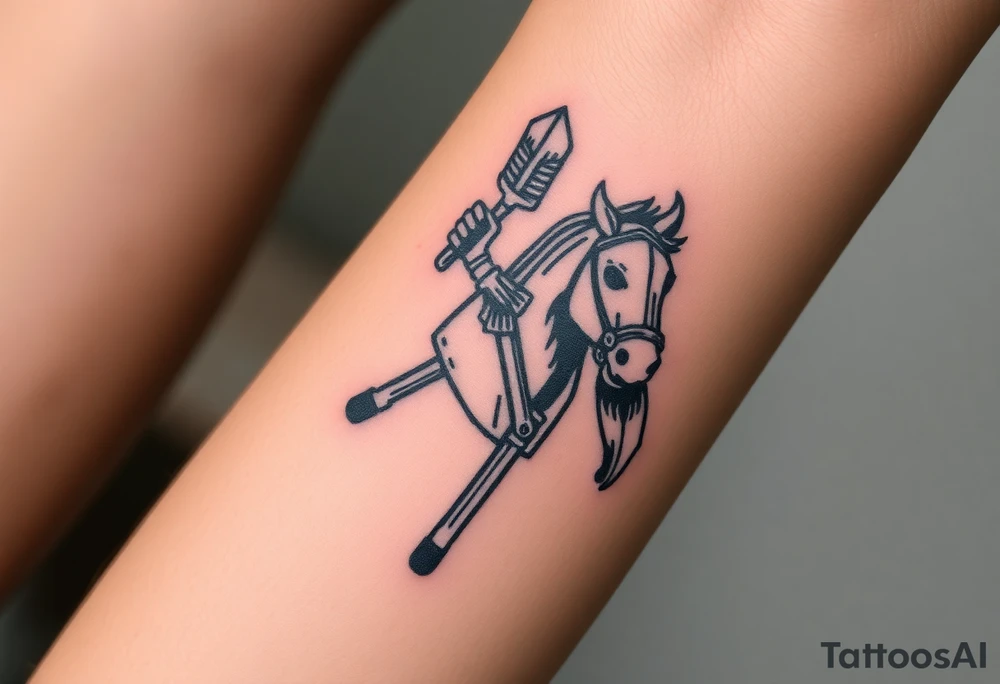 2d medieval woodcut knight on a childs hobby horse head stick toy tattoo idea