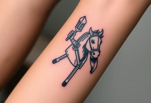 2d medieval woodcut knight on a childs hobby horse head stick toy tattoo idea