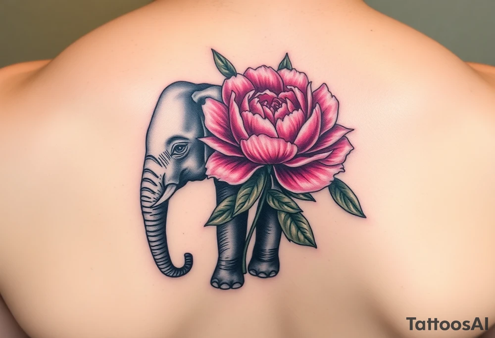 elephant holding pink peony tattoo idea