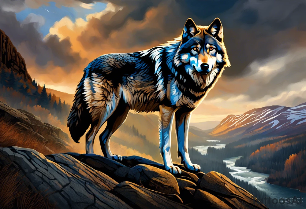 solitary wolf navigating through a rugged, detailed terrain, with each element meticulously shaded to capture the essence of life's struggles. The wolf's intense gaze conveys determination and resilience, while the landscape around it mirrors the challenges faced – rocky cliffs, turbulent rivers, and stormy skies. Subtle touches of color add depth and dimension, enhancing the realism of the design. Alongside the wolf, the phrase "Strength in Adversity" is delicately scripted, tying together the theme of overcoming life's battles with authenticity and grace. tattoo idea