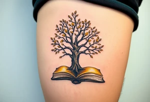 A family tree growing inside an open book, its leaves made of golden pages, representing a legacy passed down through generations tattoo idea