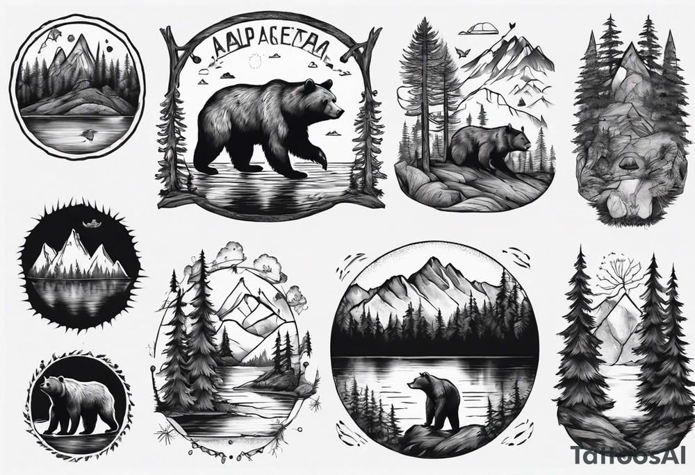 bear, forest, lake, appalachia, arm sleeve tattoo tattoo idea
