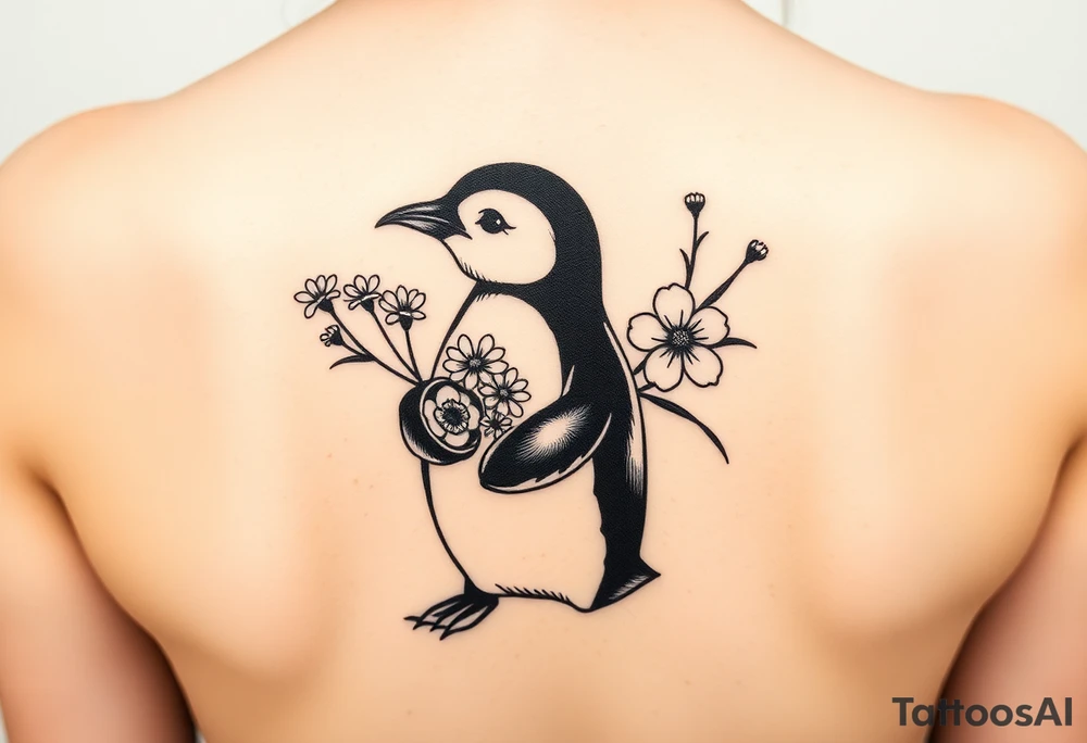 Cute penguin holding flowers tattoo idea