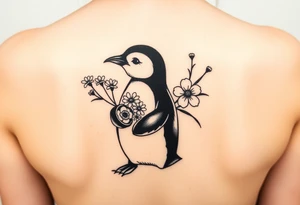Cute penguin holding flowers tattoo idea
