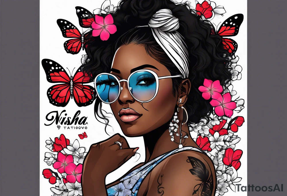 Black dark-skinned Female with glasses with butterflies and sakura blossoms around her with the lettering " Nisha " Underneath. tattoo idea