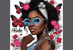 Black dark-skinned Female with glasses with butterflies and sakura blossoms around her with the lettering " Nisha " Underneath. tattoo idea