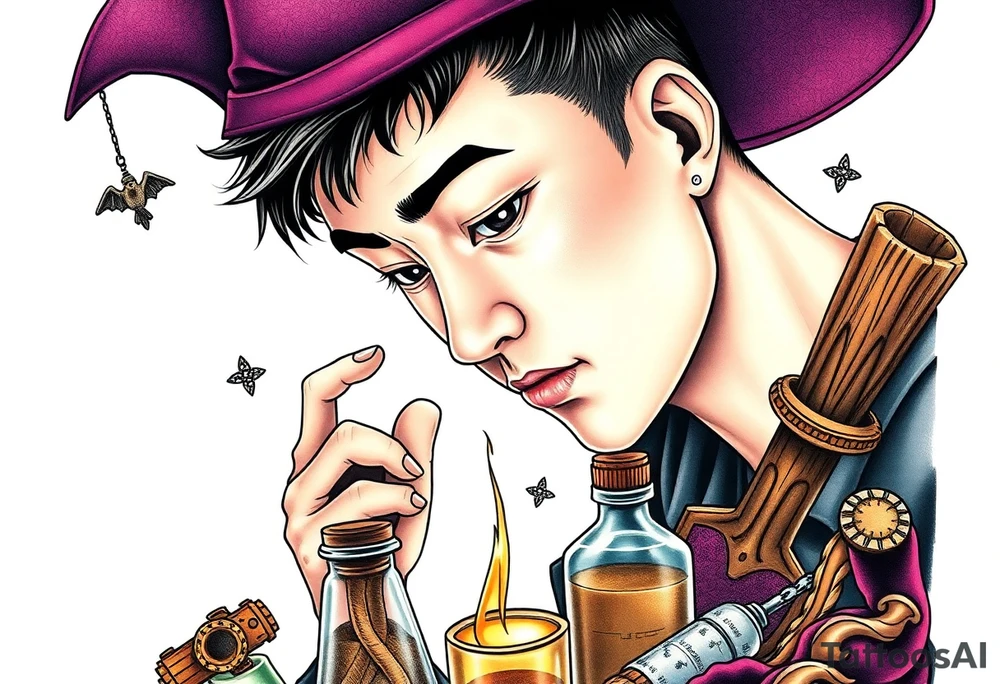 Handsome Asian young adult guy is  accidentally stumbled upon witch tools, supplies, artifacts, potions and exploring it curiously tattoo idea