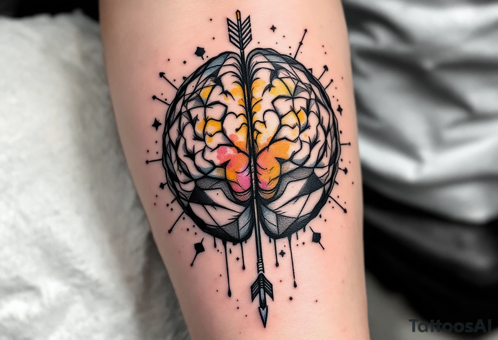 A front-seen brain in geometric and straight lines, with few watercolor details but mostly black, symbols representing intelligence arround, the phrase "Aut inveniam viam aut faciam" and a detailed arrow crossing from above with watercolors leaking from its tip tattoo idea