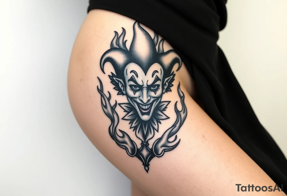 Powerful new age joker surrounded by flames tattoo idea