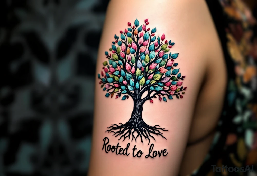 A black ink tree with leaves in shades of green, pink, and blue, with “Rooted in Love” at the base. tattoo idea
