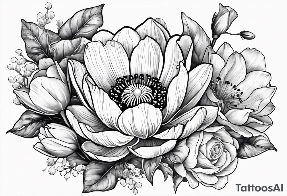 Poppy, water lily, Lily of the valley, daffodil, cosmo, rose, flower bouquet, portrait style tattoo idea