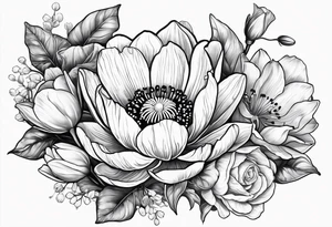 Poppy, water lily, Lily of the valley, daffodil, cosmo, rose, flower bouquet, portrait style tattoo idea