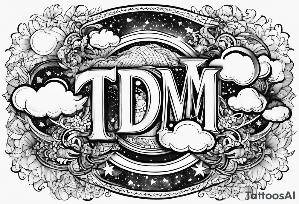 the letters tdm with different sized stars and clouds for shading tattoo idea
