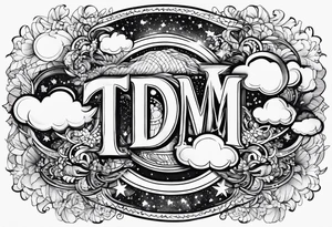 the letters tdm with different sized stars and clouds for shading tattoo idea