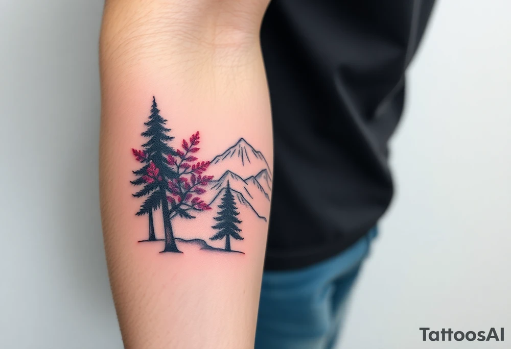 Lower forearm, trees with mountains in background, leaves on the trees are pink, purple, teal, red tattoo idea