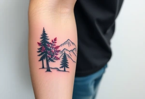 Lower forearm, trees with mountains in background, leaves on the trees are pink, purple, teal, red tattoo idea