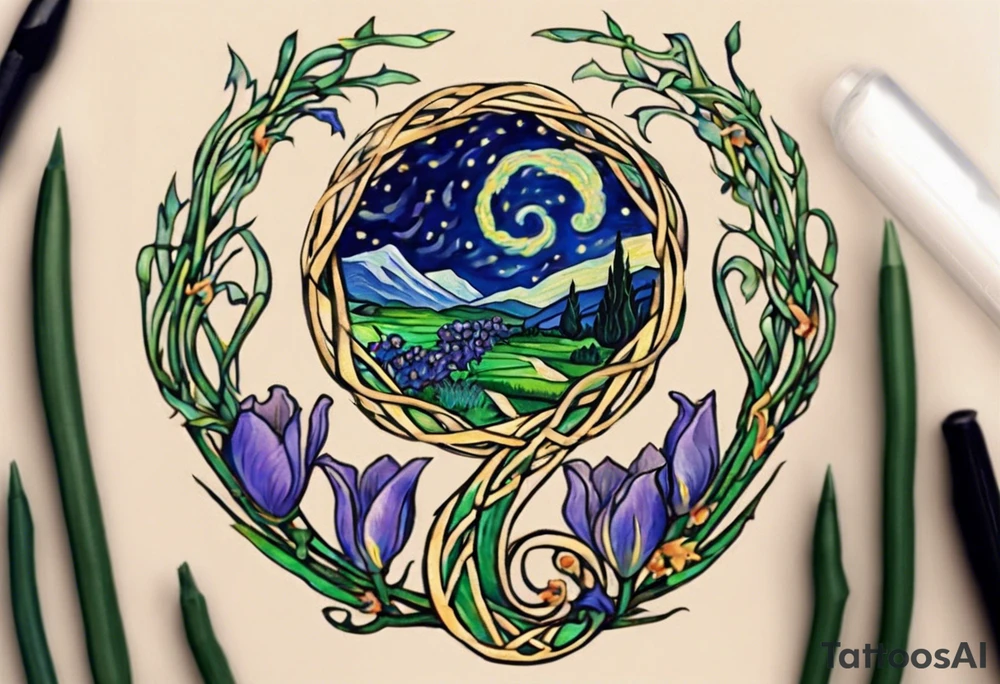Create a small, colorful Vincent van Gogh Irises tattoo in the form of a crescent, with vines in Celtic knot style gracefully intertwining at a central point in the middle of the wreath. The intended placement is on the upper chest. The middle needs mountains. The overall design should be small in size while maintaining a delicate and artistic aesthetic. Pay attention to the graceful flow of the vines and the placement of the irises to achieve a refined and elegant look. tattoo idea