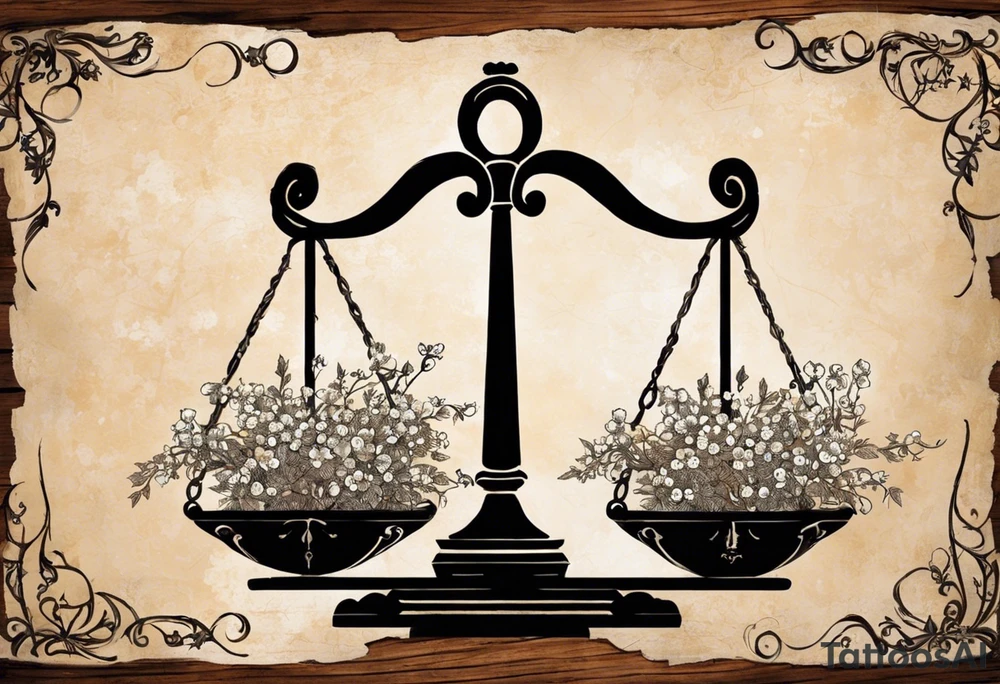 I need you to draw me a old libra scale out of tattered wood. The ends of the cross of wood need to be  broken. I need the bottom to look tattered possible cracks and holes  in wood of scale. I need vines with little white flowers wrapped all the way up the scale across the wood beam. And I want the scale bowls need to be attached by the vines. And I want the two weights of the scale to be wooden as well. They also need to look tattered. The weights need to be fastened on by the vines. I need to make it look like the ends of the vines on both scales is just loosely. I need to incorporate pieces koi fish in beautiful blues greens, and pinks.The fish need to be one on each scale balancing the scale and the tail of the left on, pointing down. the beautiful fish tail fins needs to be covering part of the tattered piece and the fish on the rights tail will be facing unpard with the fin of beauty starting to court the same pic the pieces fish need to be placed in the scale bowls the need to of large size to so theyv  Fill each scale and are persuading out the bowls

Why aren't you adding the pieces fish swimming in opposite directions one on each bowl tattoo idea