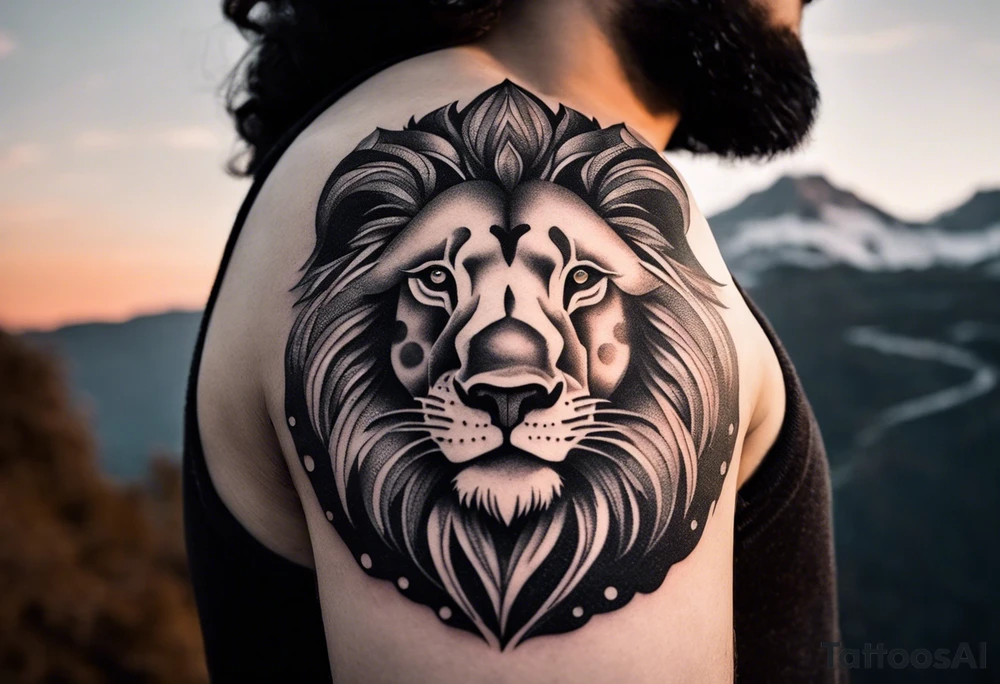 Tattoo in the shape of a lion head with a father and son in the mountains with  a waterfall and cross in the background and a sunset inside of it tattoo idea