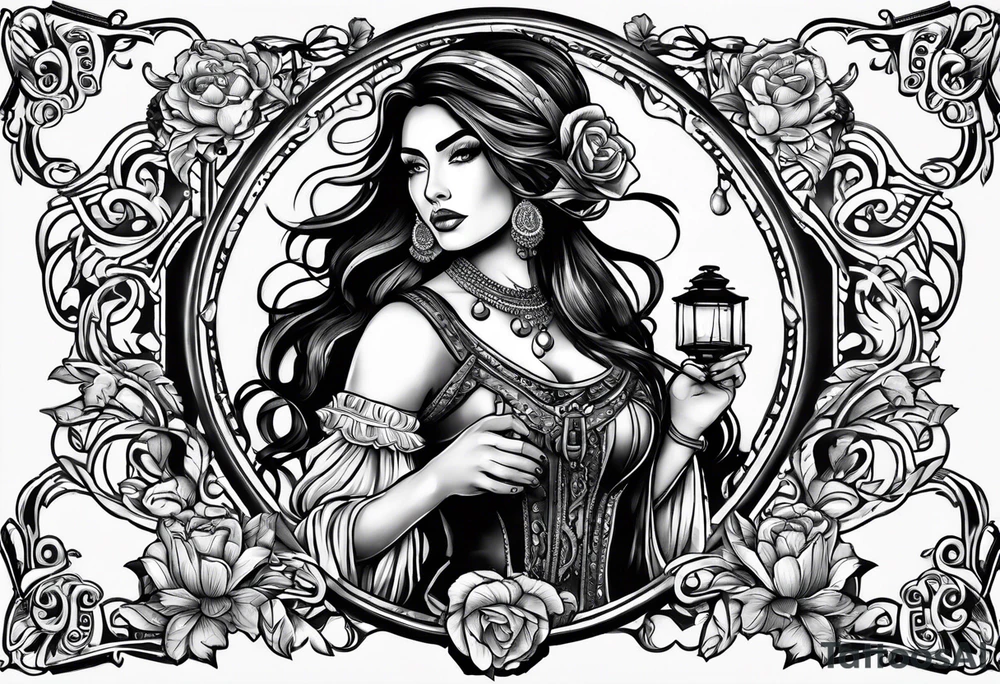 Gypsy with lantern and flintlock pistol tattoo idea