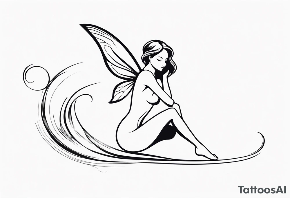 Minimalistic, monochromatic fairy with a tail flying to the left in a fetal position, leaning and looking in the same direction, with visible hands, embodying the 'Fairy Tail' logo aesthetic. tattoo idea