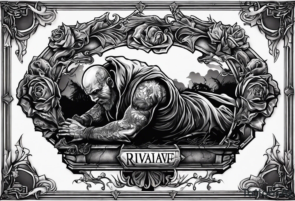 Man crawling out of grave. 
MIW Reincarnate written on gravestone tattoo idea