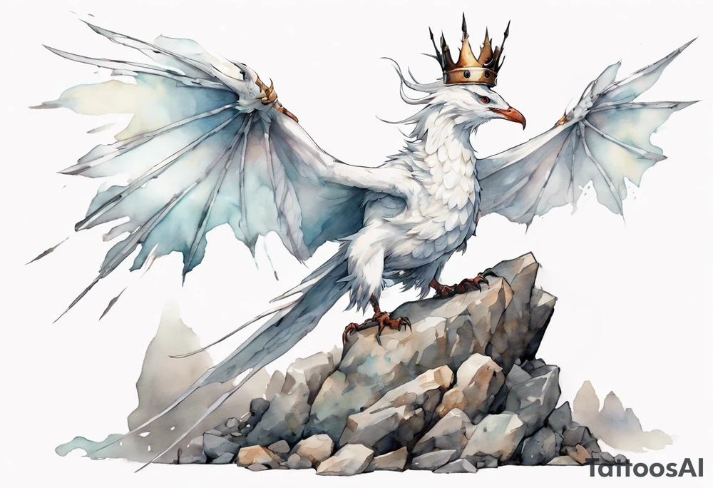 a white bird-wyvern hybrid, wearing an iron crown, perched on a stone tattoo idea