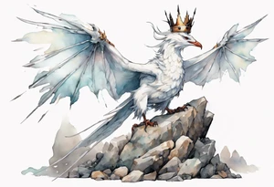 a white bird-wyvern hybrid, wearing an iron crown, perched on a stone tattoo idea