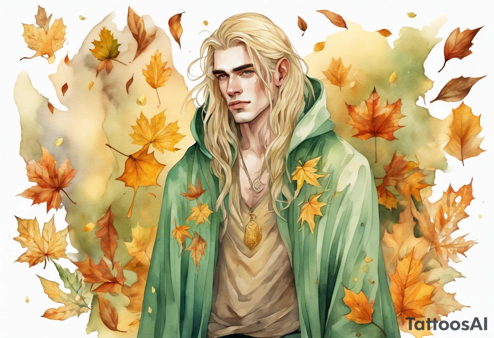 A young handsome man with pale green skin with long gold hair wearing a gold cloak surrounded by autumn leaves tattoo idea