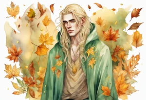 A young handsome man with pale green skin with long gold hair wearing a gold cloak surrounded by autumn leaves tattoo idea