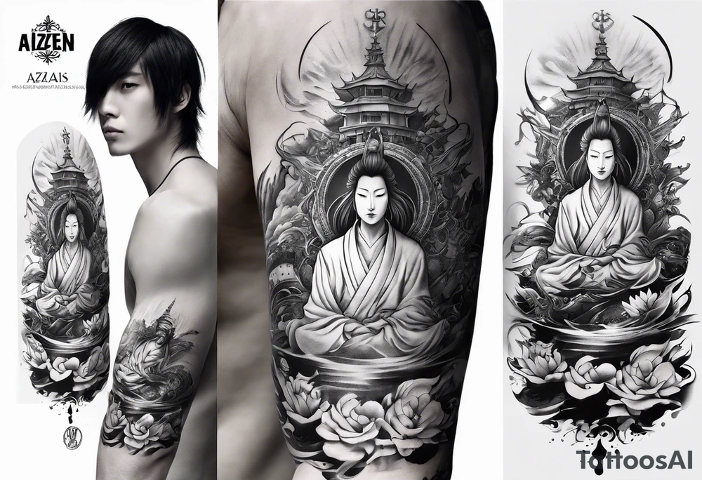 religious sleeve inscribed with the name Aizen and the name Azaias tattoo idea