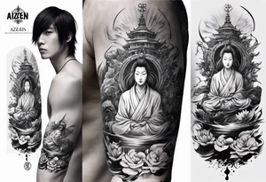 religious sleeve inscribed with the name Aizen and the name Azaias tattoo idea