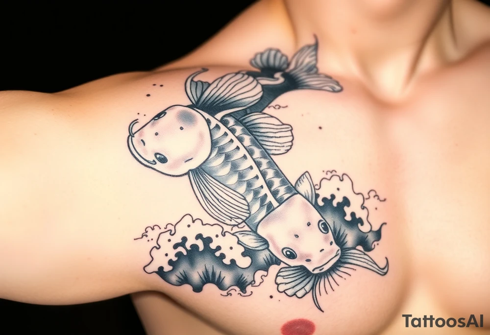 traditional koi fish swimming upstream through turbulent waves tattoo idea