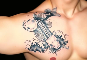 traditional koi fish swimming upstream through turbulent waves tattoo idea