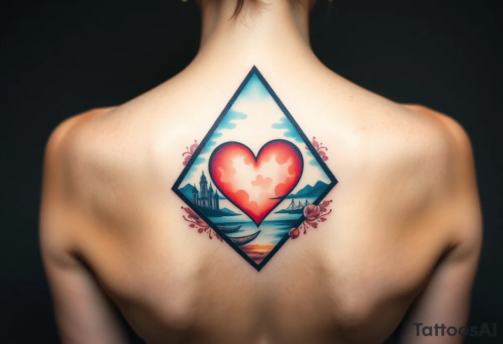 A triangle with a big heart in the center with a travel theme tattoo idea