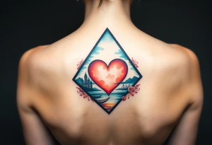 A triangle with a big heart in the center with a travel theme tattoo idea