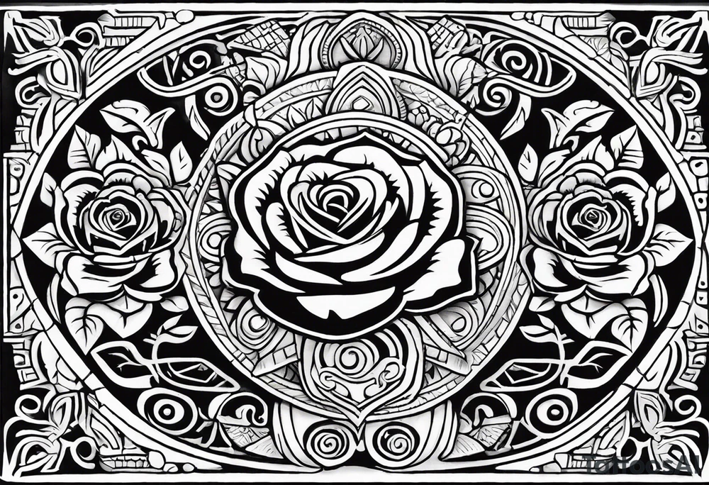 Design a masculine tattoo depicting three delicate rose buds being embraced and protected by 
Aztec weapons. The weapons should include elements such as the macuahuitl (Aztec sword-club)
, arranged in a way that forms a protective circle or embrace around the roses. Carve the entire image as if it were a stone sculpture by an ancient Aztec artist, with the texture resembling intricately detailed stone carvings. The roses should be slightly softer but still stylized in stone, giving the entire tattoo a powerful, yet artistic and ancient feel. Use bold, sharp lines to capture the essence of Aztec craftsmanship

Historically accurate tattoo idea