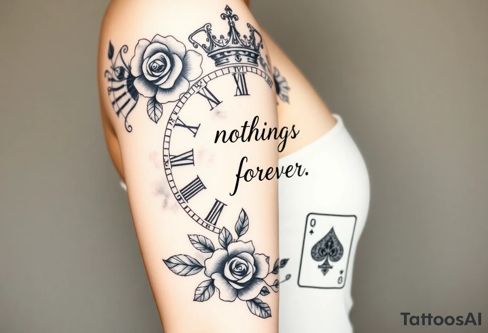 Roman clock with roses and a crown, a quote that says nothings forever. and on the bottom a deck of cards tattoo idea