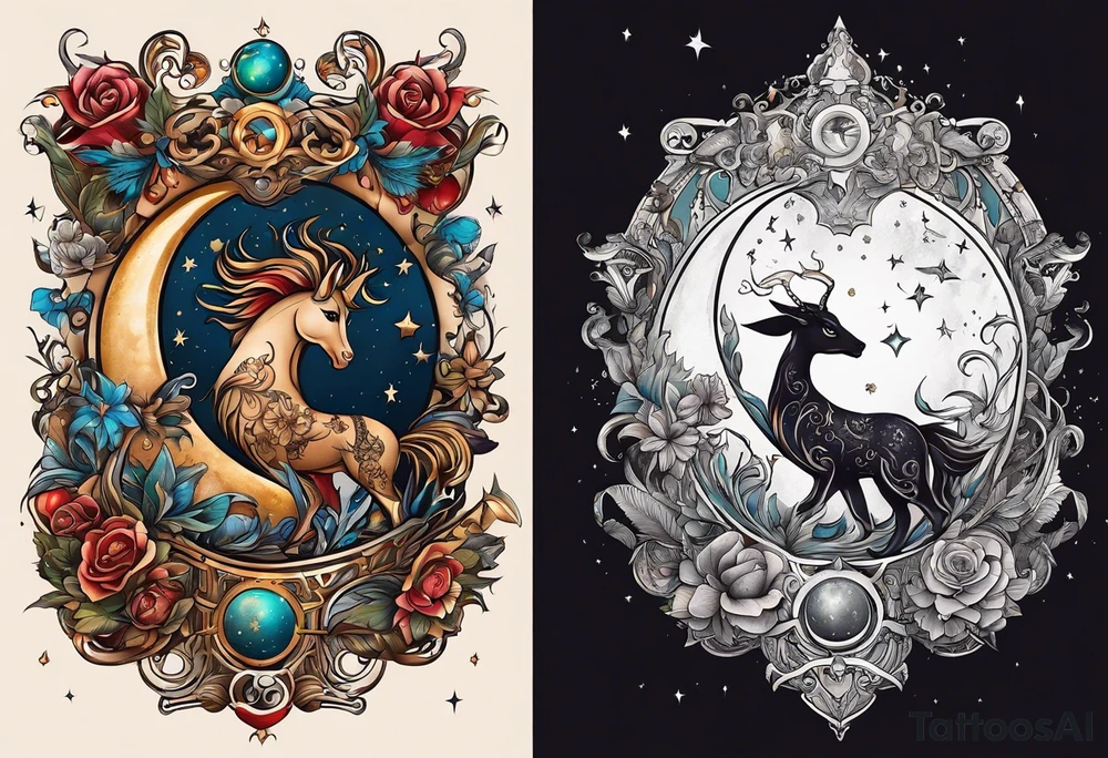 A tattoo design inspired by southern Italian folklore tales, incorporating mystical creatures and celestial objects such as moons and stars, reflecting the client's love for folklore and celestial objects. tattoo idea