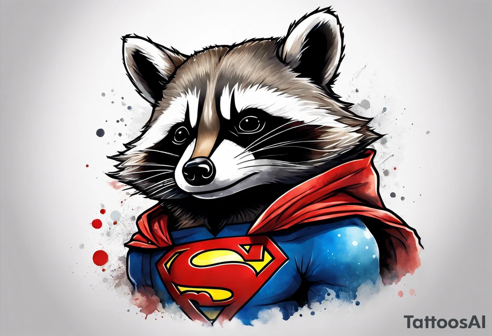 raccoon wearing a Superman hoodie tattoo idea