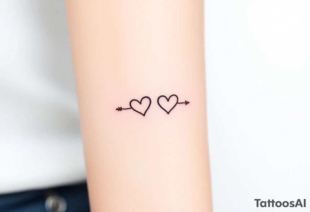 A minimalist infinity symbol with two tiny hearts on each loop, rendered in a thin, black ink for a subtle, timeless look tattoo idea