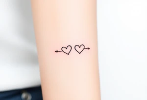 A minimalist infinity symbol with two tiny hearts on each loop, rendered in a thin, black ink for a subtle, timeless look tattoo idea