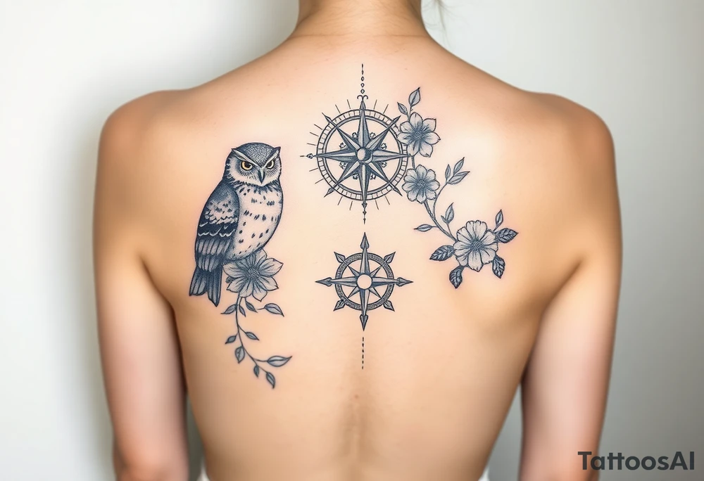 Full back owl on left shoulder flowers on right 3 turtles down spine use antique compass rose overlaid everywhere else tattoo idea