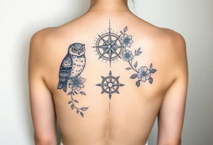 Full back owl on left shoulder flowers on right 3 turtles down spine use antique compass rose overlaid everywhere else tattoo idea