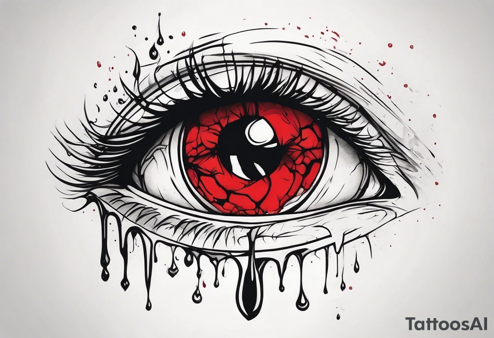 Bleeding tear flows to down from man's red eye sleeve tattoo design tattoo idea