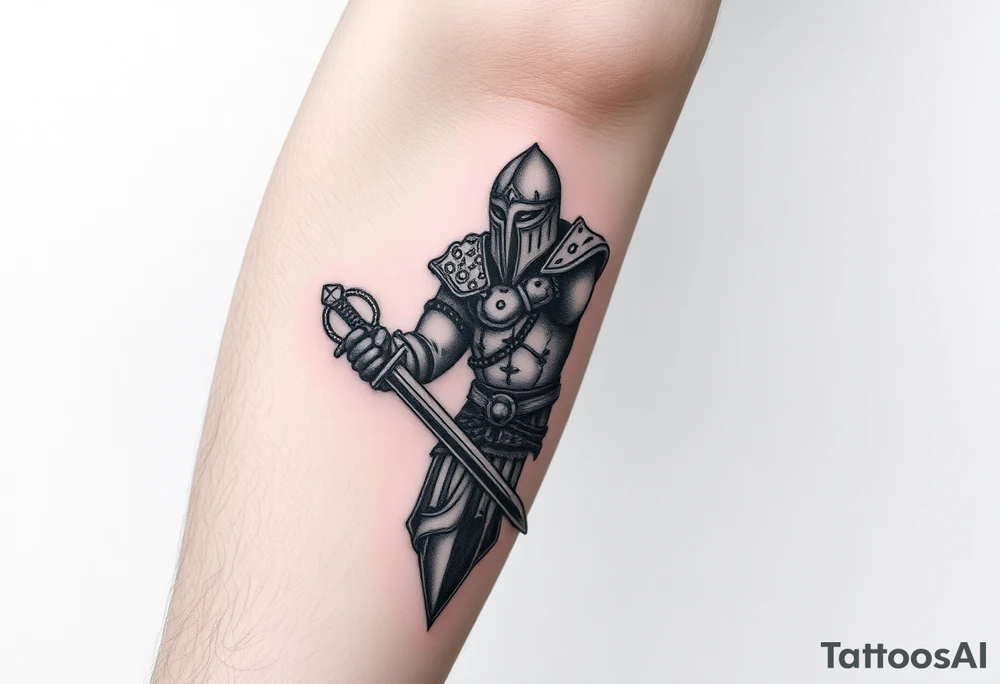 mediaval warrior with sword and shield,
 age of empires style tattoo idea